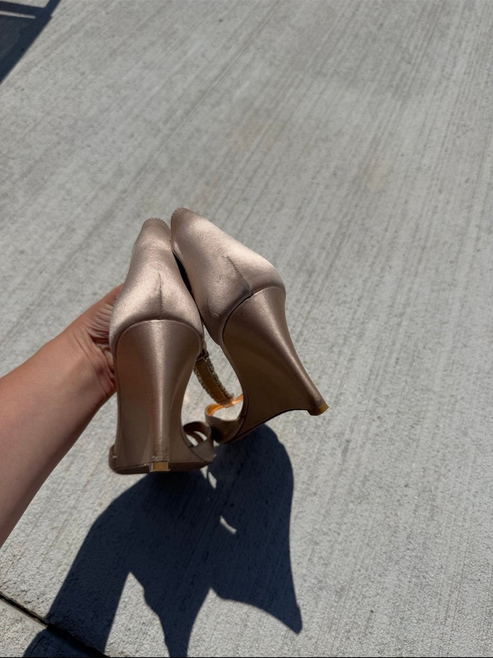 Badgley Mischka Rose Gold Satin T-Strap Crystal Embellished Heels - Picture 3 of 12